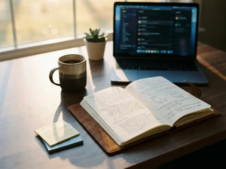 Opengeslagen notitieboek met handgeschreven klantnotities op een modern bureau, met laptop, koffiemok en sticky notes in warm licht.