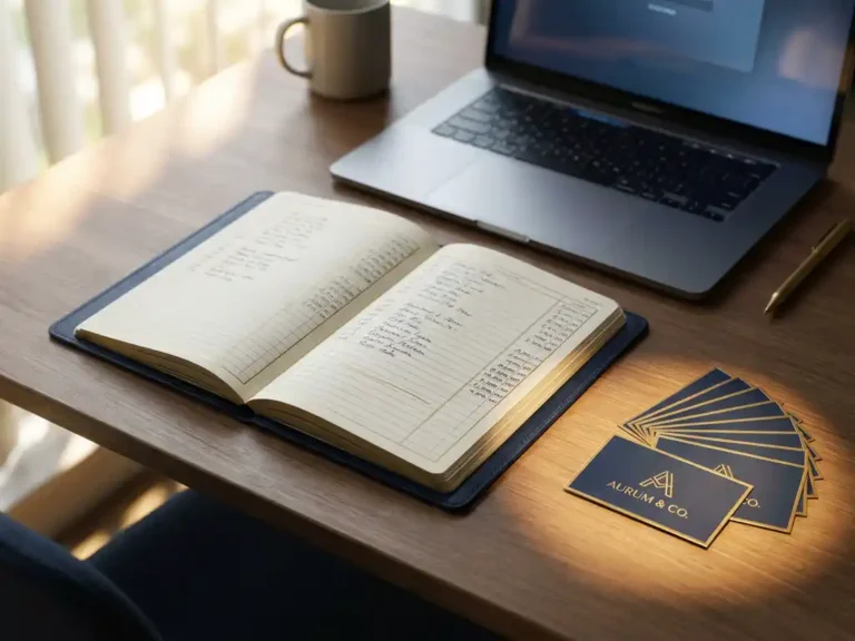 Open notitieboek en uitgewaaierde visitekaartjes op modern bureau, één kaartje uitgelicht, laptop op achtergrond, navy en goudtinten.
