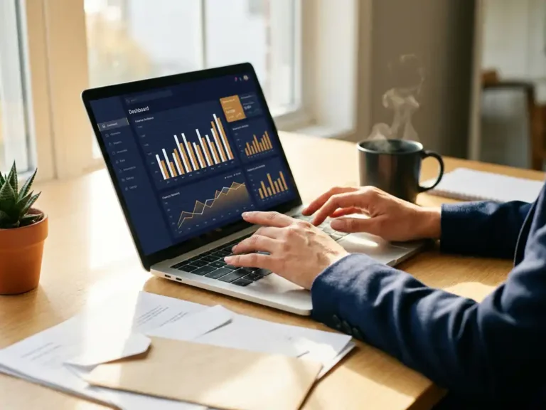 Ondernemer werkt aan financieel dashboard op laptop, omringd door facturen en koffie op modern bureau met warm zijlicht.