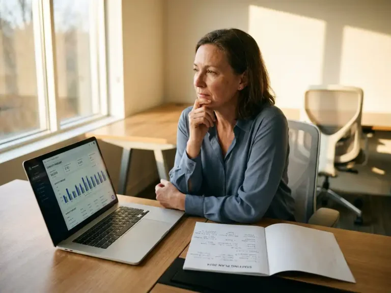 Ondernemer denkt na aan modern bureau met capaciteitsdashboard op laptop en personeelsplanning, warm gouduur licht.