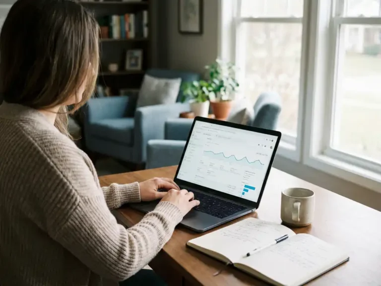 Ondernemer werkt thuis aan laptop met dashboard, notitieboek en koffie op houten bureau, zacht natuurlijk daglicht.