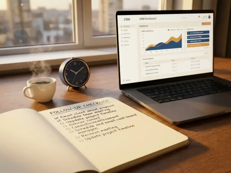 Bureau met opengeslagen notitieboek met follow-up checklist, laptop met CRM-dashboard, wekker en koffie in warm goudkleurig licht.