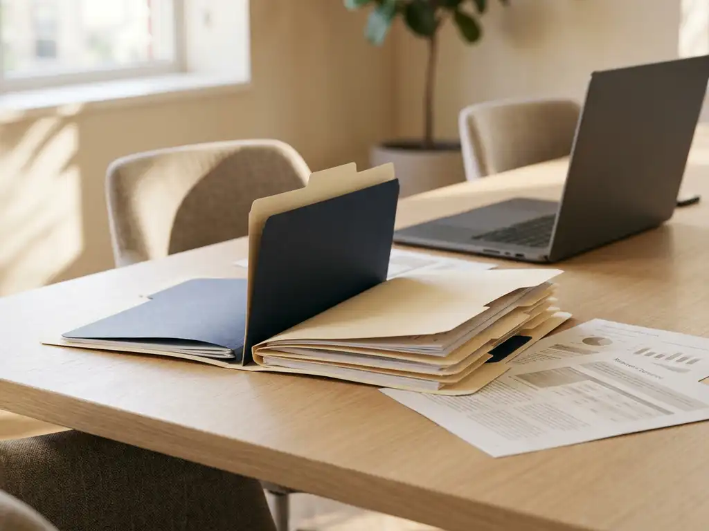 Open personeelsdossier op modern bureau met gedrukte werknemersdocumenten en laptop op de achtergrond, verlicht door natuurlijk daglicht.