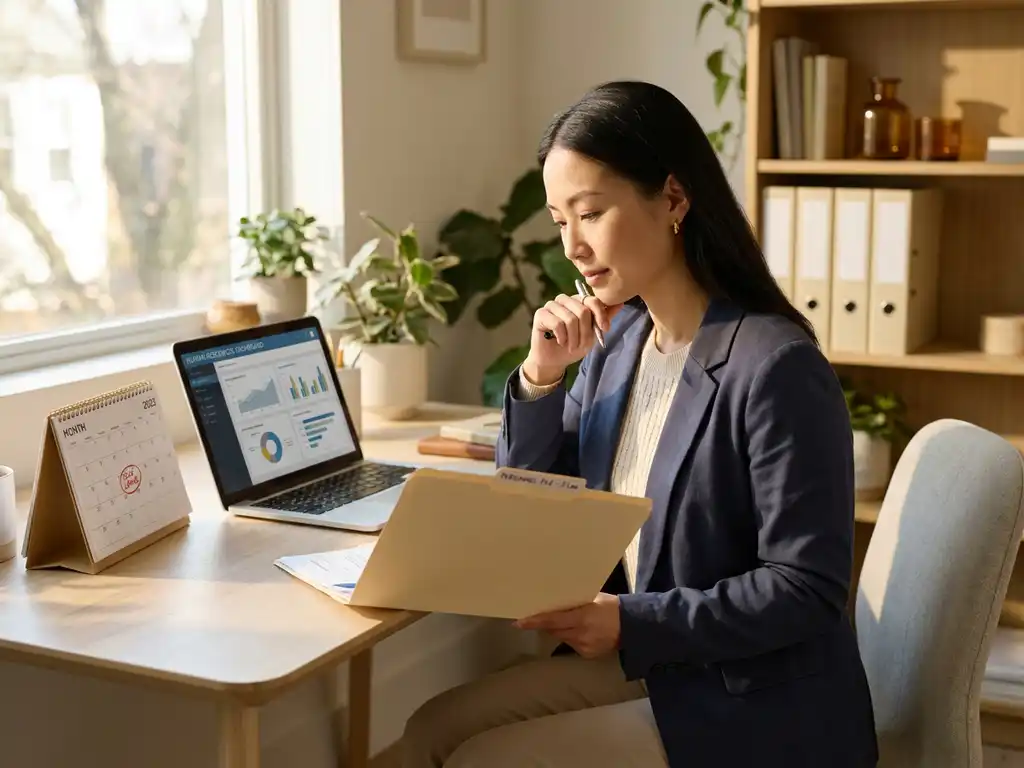 Ondernemer bekijkt personeelsdossier aan modern bureau met laptop waarop HR-dashboard zichtbaar is en kalender met ziekteverlofmarkering.