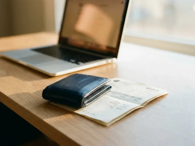 Lederen portemonnee en papieren factuur op modern bureau, met laptop op de achtergrond in warm natuurlijk licht.