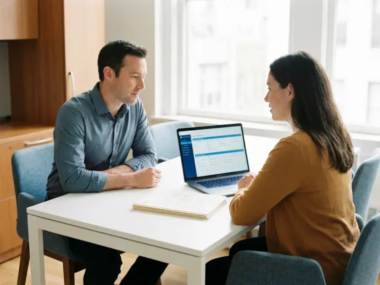 Manager en medewerker bespreken digitaal formulier op laptop aan modern bureau, met uitgeprinte samenvatting in warm kantoorlicht.