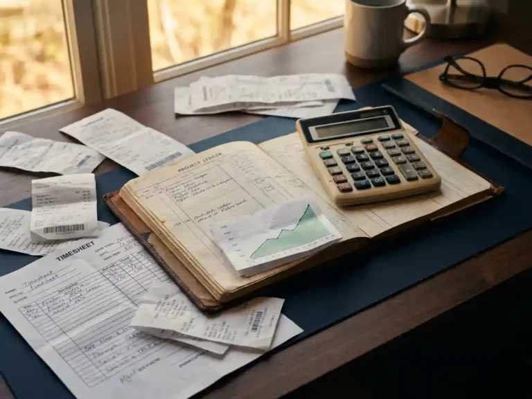Open projectadministratie met calculator, bonnetjes en urenstaten op modern bureau, groen stijgend grafiekje zichtbaar, warm gouden licht.