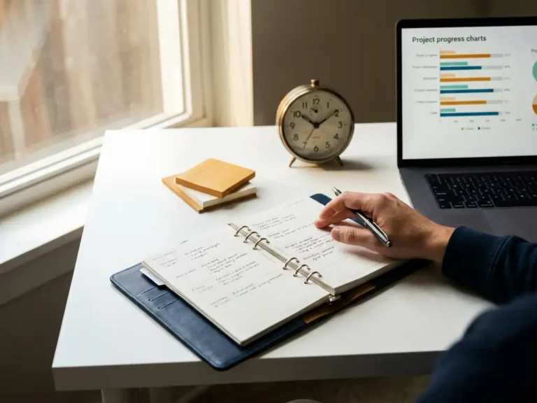 Projectmanager die een open planner bijhoudt naast laptop met voortgangsbalken, sticky notes en analoge klok op modern bureau.