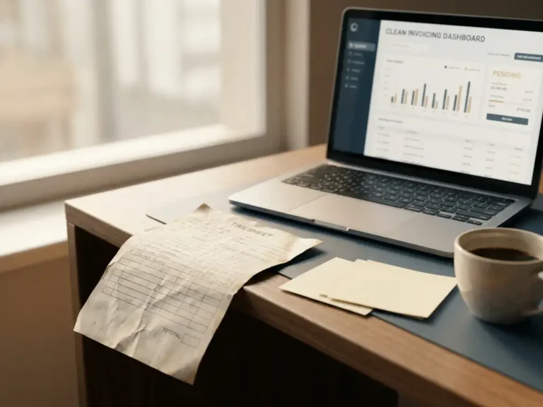 Verfrommeld papieren urenstaat dat van een bureau valt, met lege sticky notes en koffiekop, laptop met factuuroverzicht op achtergrond.