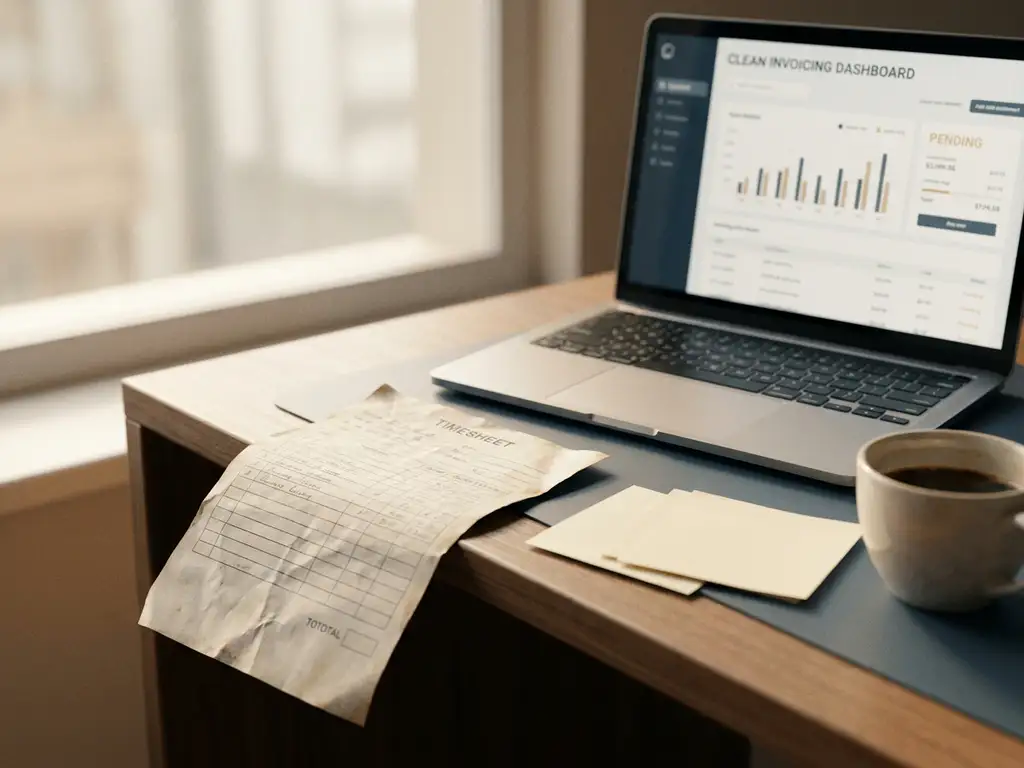 Verfrommeld papieren urenstaat dat van een bureau valt, met lege sticky notes en koffiekop, laptop met factuuroverzicht op achtergrond.