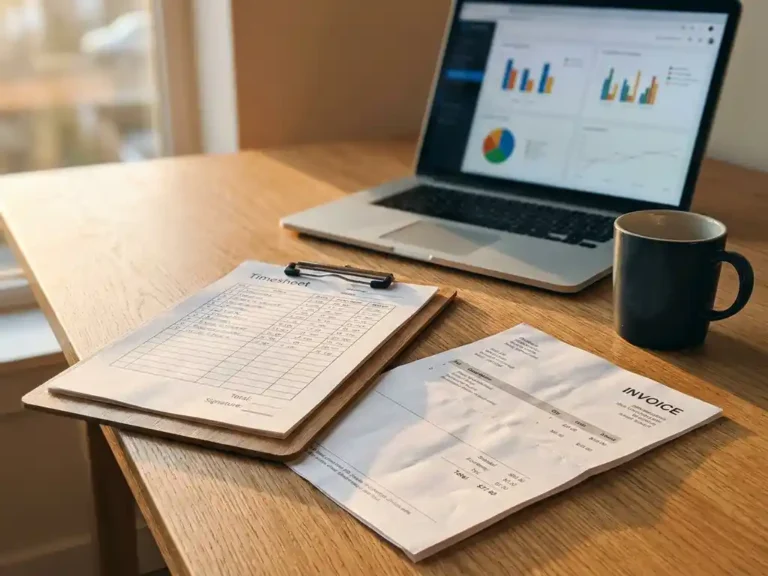 Ingevuld urenformulier op klembord naast een factuur op een eikenhouten bureau, met laptop en koffiemok in warme goudkleurige belichting.