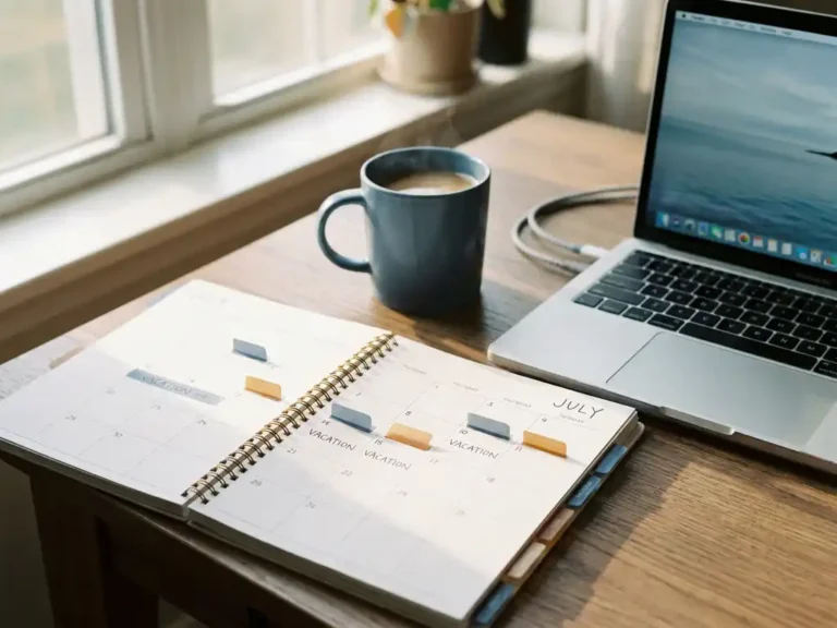 Bureau met open agenda waarop vakantiedagen zijn gemarkeerd met gekleurde tabs, koffiemok en laptop in warm natuurlijk licht.