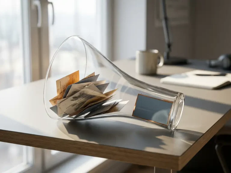 Glazen trechter op modern bureau met losse visitekaartjes aan de brede kant, versmallend naar één enkel rechtopstaand kaartje.