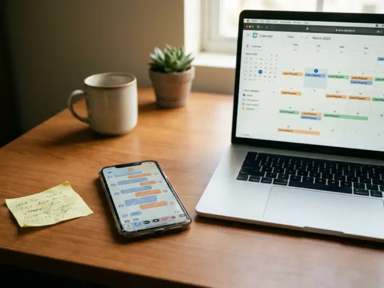 Verfrommeld plakbriefje en chaotische groepschat op smartphone naast laptop met gestructureerde verlofkalender op modern bureau.