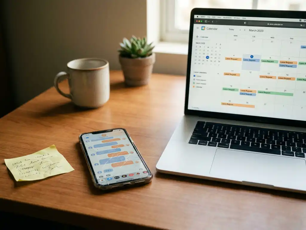 Verfrommeld plakbriefje en chaotische groepschat op smartphone naast laptop met gestructureerde verlofkalender op modern bureau.