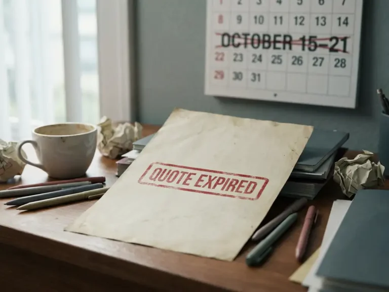 Verlopen offertedocument met rood vervaldatuumstempel op rommelig bureau, wandkalender en koffiekop op de achtergrond.