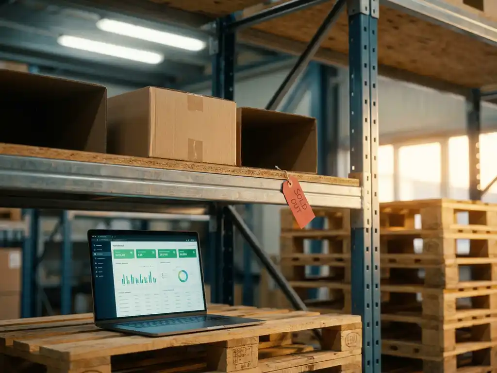Magazijnschap met één resterende productdoos, rood uitverkocht-label en laptop met voorraaddashboard in Nederlands MKB-magazijn.
