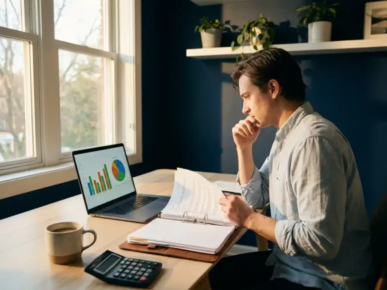 Ondernemer bestudeert klantvoorstel op modern bureau met laptop met financiële grafieken, rekenmachine en koffiekopje in warm zijlicht.