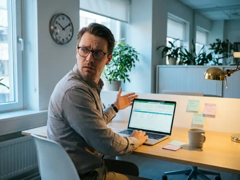 Kantoormedewerker kijkt naar wandklok terwijl hij laptop opent met urenstaat, koffiekop en sticky notes op modern bureau.