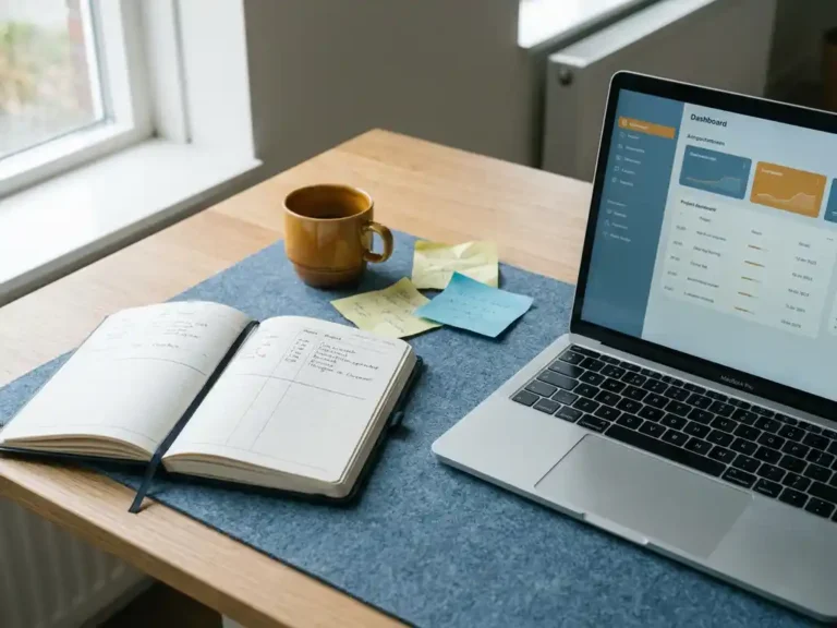 Open bureauagenda met gelogde werkuren naast laptop met projectdashboard, koffie en sticky notes in modern Nederlands kantoor.