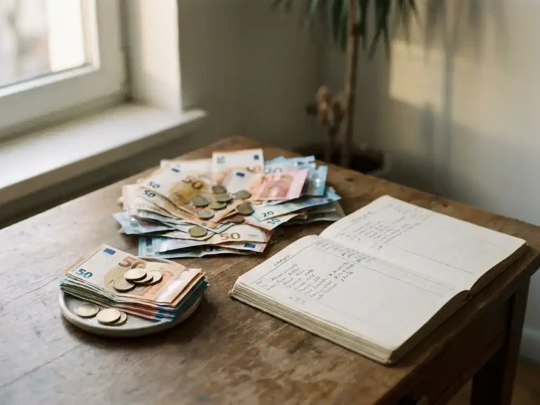 Twee stapels eurobiljetten en munten op een houten bureau naast een open kasboek, symboliseren omzet en winst.