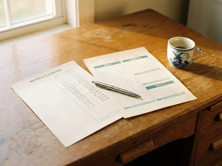 Eiken bureau met winst-en-verliesrekening en balans naast elkaar, vastgehouden door een zilveren pen, koffiekopje en warm ochtendlicht.