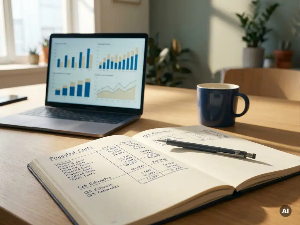 Opengeslagen notitieboek met handgeschreven budgetkolommen naast laptop met financiële grafieken op modern kantoorbureau.