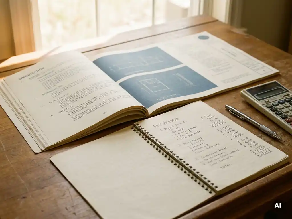 Papieren bestekdocument en handgeschreven kostenbegroting notitieboek op architectenbureau, met mechanisch potlood en rekenmachine in warm natuurlijk licht.