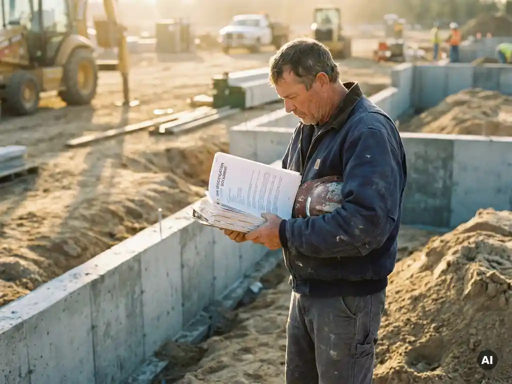 Bouwopzichter bestudeert RAW-bestekdocument op klembord naast verse betonfunderingen, helm onder de arm, gouden middaglicht.