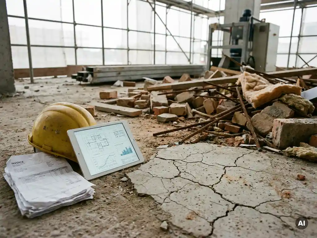 Gebarsten betonvloer op bouwplaats met afgewezen materialen, bouwhelm, facturen en tablet met projectdata.