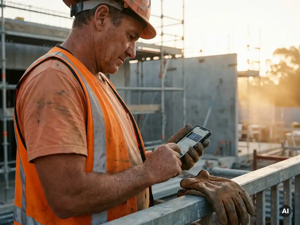 Bouwvakker in oranje veiligheidsvest bekijkt smartphone-app op actieve bouwplaats, met steigers en betonnen muren op de achtergrond.