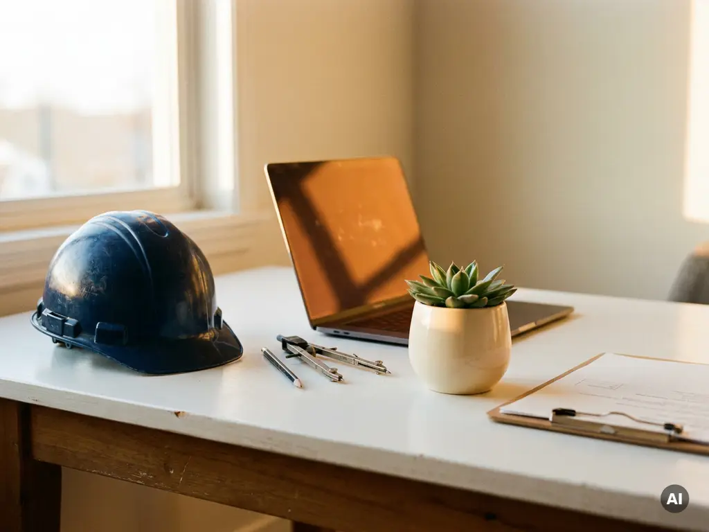 Laptop op wit bureau omringd door harde hoed, passer, potplant en klembord in warm goudkleurig kantoorlicht.