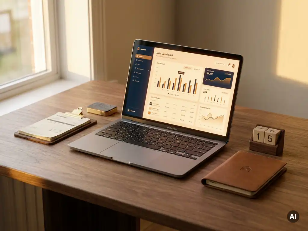 Modern bureau met open laptop met dashboard, omringd door miniatuur zakelijke objecten zoals factuur, agenda en map in warme amber tinten.