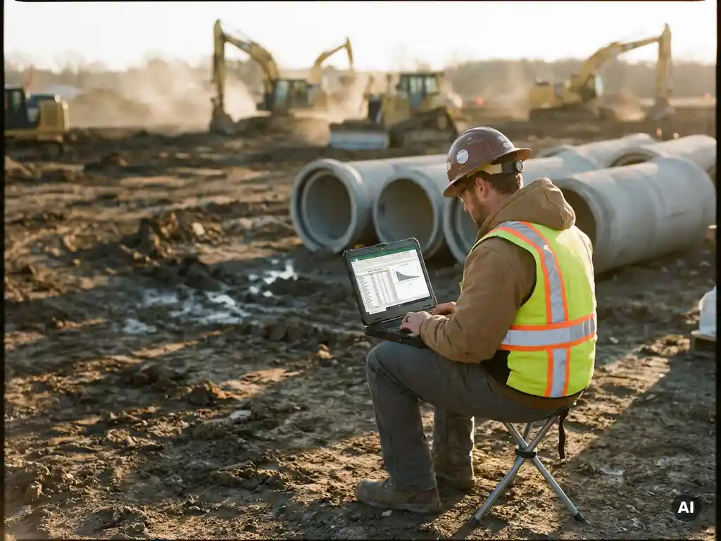 Civiel ingenieur bekijkt projectkostenramingen op robuuste laptop bij actieve bouwplaats met graafmachines op de achtergrond.