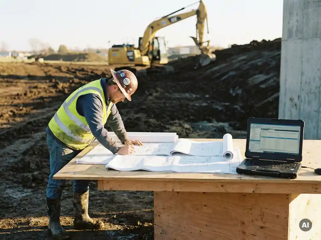 Civiel ingenieur bestudeert infrastructuurblauwdrukken op bouwlocatie met graafmachine en aardwerk op de achtergrond.
