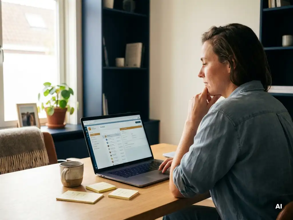 Ondernemer bekijkt contactendashboard op laptop aan bureau met sticky notes en koffie in warm, licht Nederlands kantoor.
