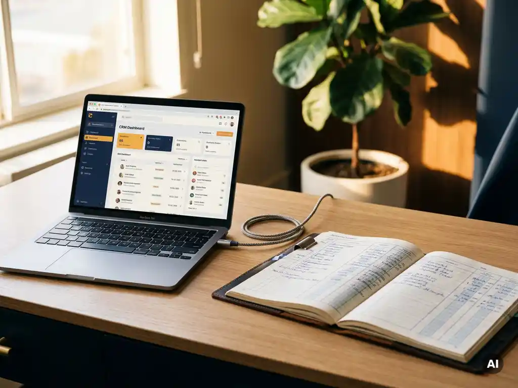 Laptop met CRM-contactendashboard naast een open boekhoudboek op een modern bureau, verbonden door een kabel.