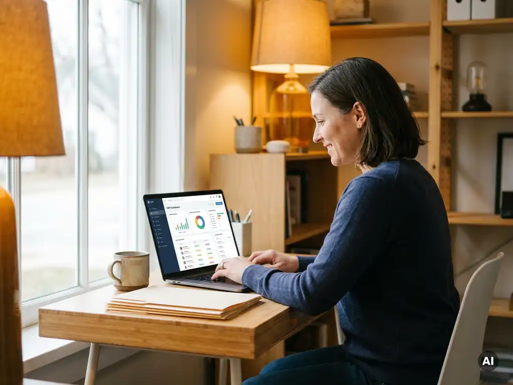 Ondernemer bekijkt CRM-dashboard op laptop aan houten bureau met koffiemok en klantmappen, warm kantoor met natuurlijk raamlicht.