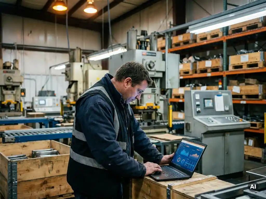 Fabrieksmedewerker bekijkt productiedata op laptop tussen industriële machines en opgeslagen goederen in magazijn.