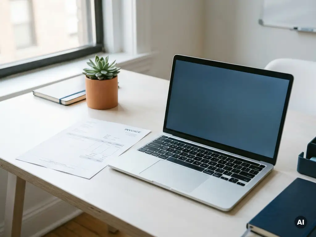 Gedrukte factuur op modern bureau naast laptop en kleine vetplant, zacht natuurlijk licht, professionele sfeer voor kleine ondernemers.