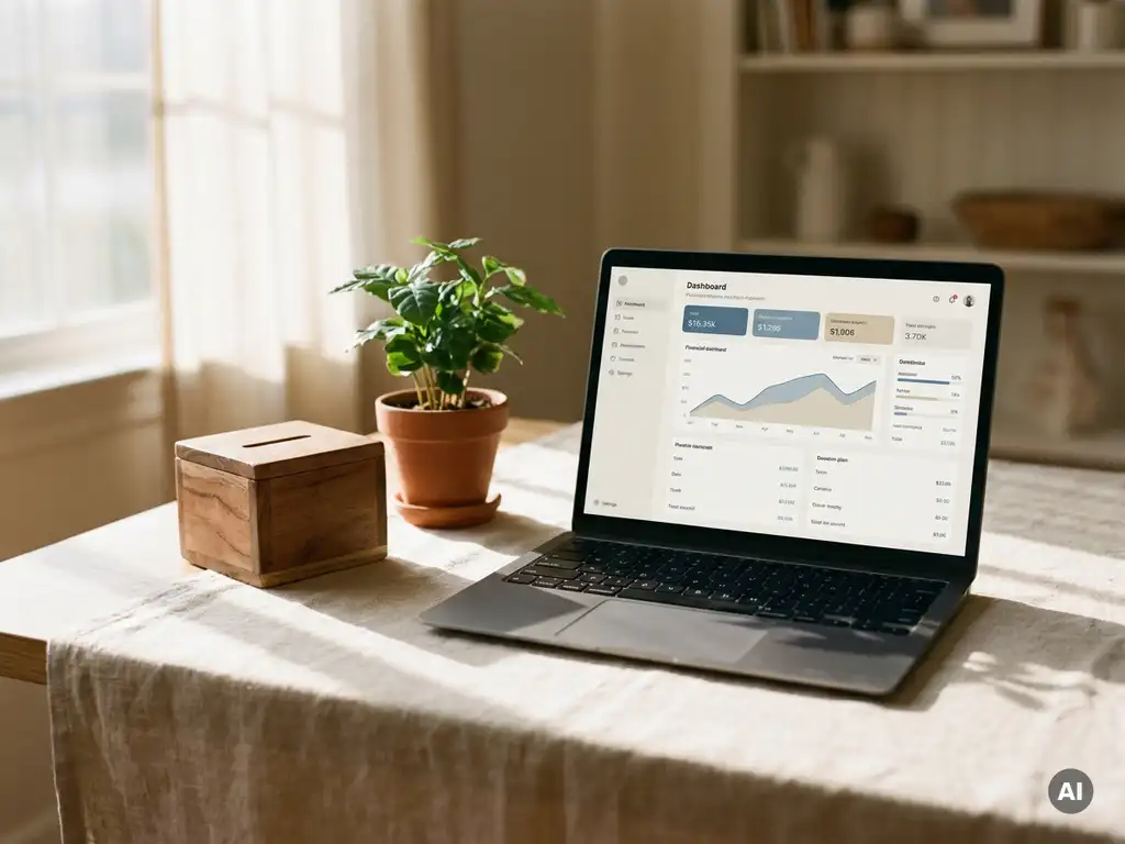 Laptop met financieel dashboard op een bureau naast een houten donatiedoos en groene plant, warm natuurlijk licht.