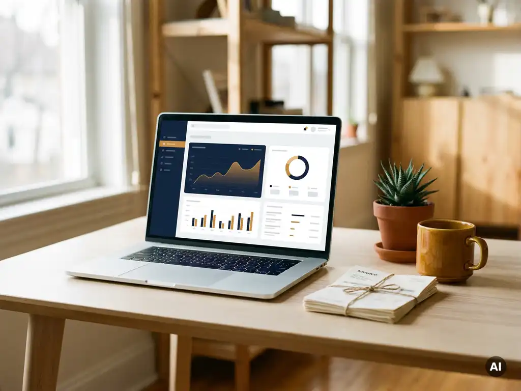 Laptop met financieel dashboard op opgeruimd bureau, naast papieren facturen, koffiemok en vetplant in natuurlijk daglicht.