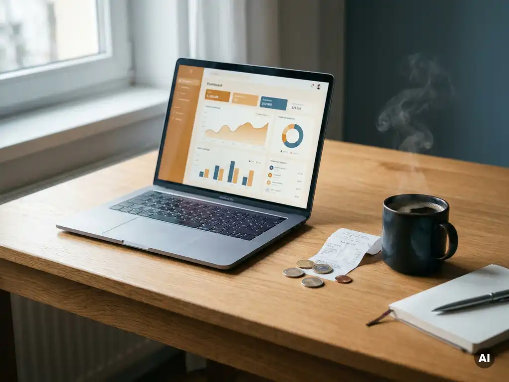 Kleine ondernemer bekijkt financieel dashboard op laptop aan eikenhouten bureau met euromunten, bon en dampende koffie.