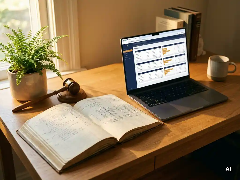 Houten bureau met open financieel grootboek, kleine hamer en laptop met spreadsheet in warm middaglicht.