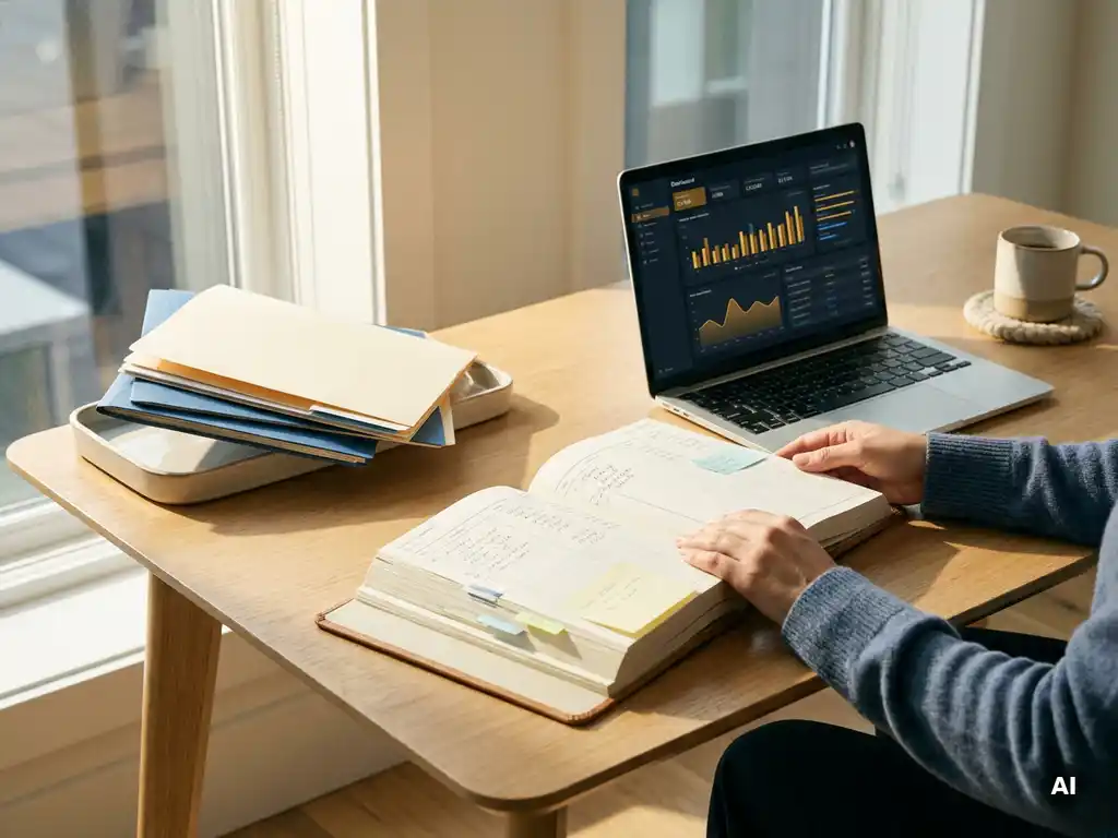 Financieel grootboek en georganiseerde mappen naast laptop met dashboard op modern bureau in warm natuurlijk licht.