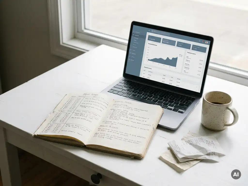 Freelancer bureau met opengeslagen notitieboek vol urenregistratie, laptop met financieel dashboard, koffiemok en bonnetjes in zacht natuurlijk licht.