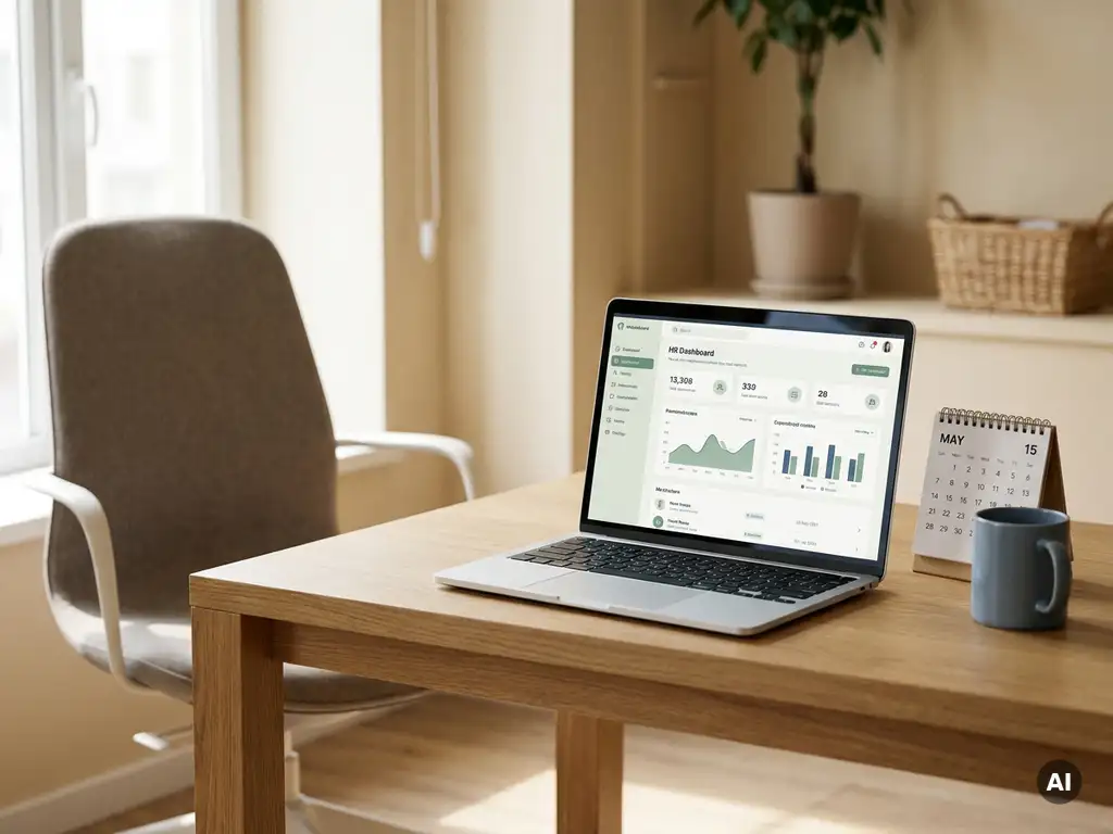 Bureau met open laptop met HR-dashboard, kalender en koffiemok; lege bureaustoel op de achtergrond suggereert een afwezige medewerker.