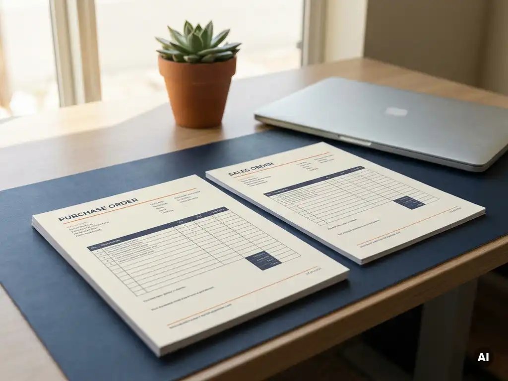 Inkooporder en verkooporderformulier naast elkaar op modern bureau, met laptop en plant op de achtergrond in warm natuurlijk licht.