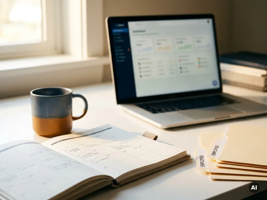 Opengeklapte plannerkalender op modern bureau met koffiemok, personeelsmappen en laptop, warm natuurlijk licht.