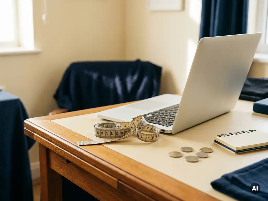 Kleermakersmeetlint om een open laptop op modern bureau, met euromunten en notitieblok, warm natuurlijk licht.